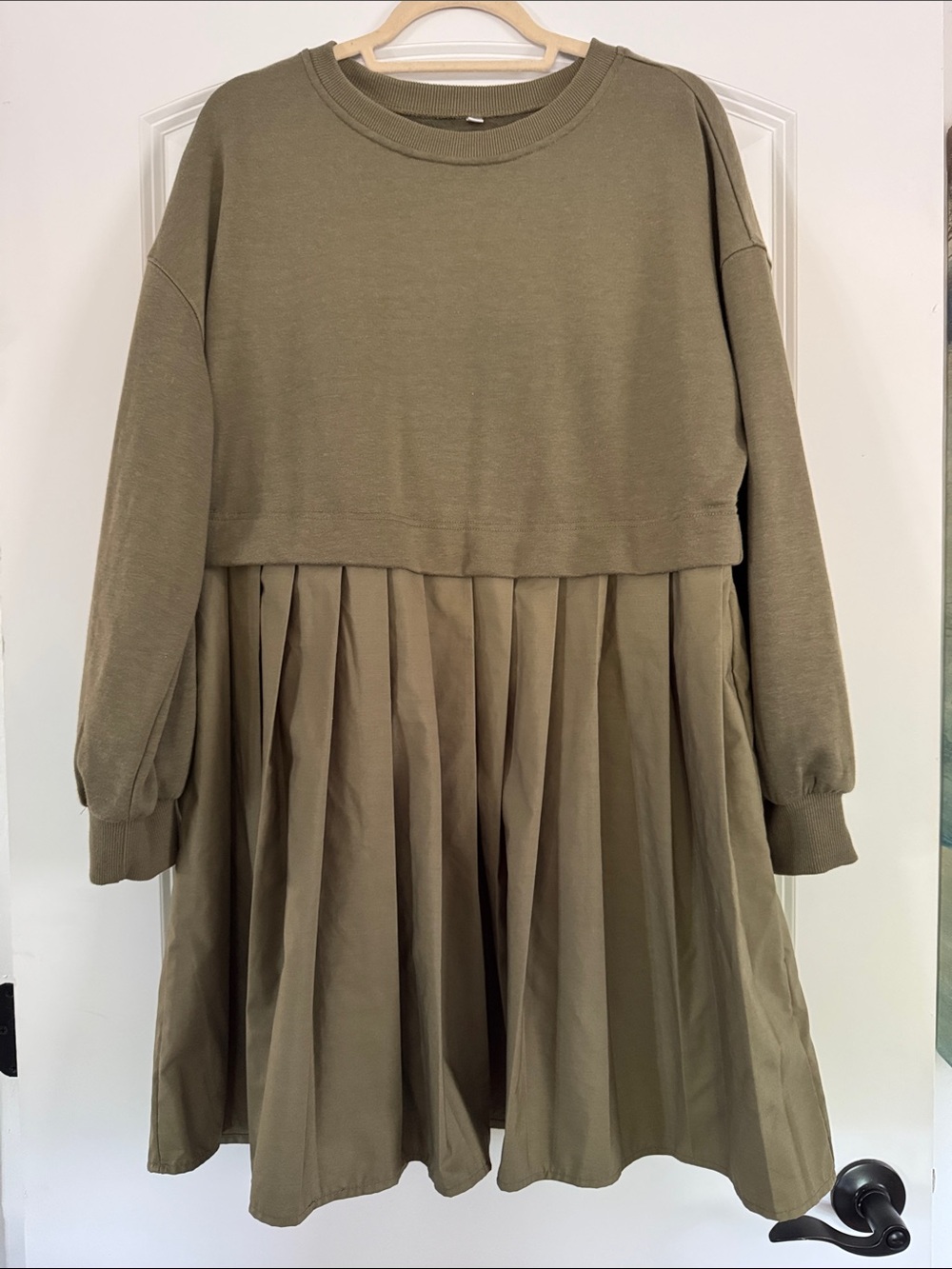 Neutral Olive Ribbed Crewneck Sweatshirt Dress